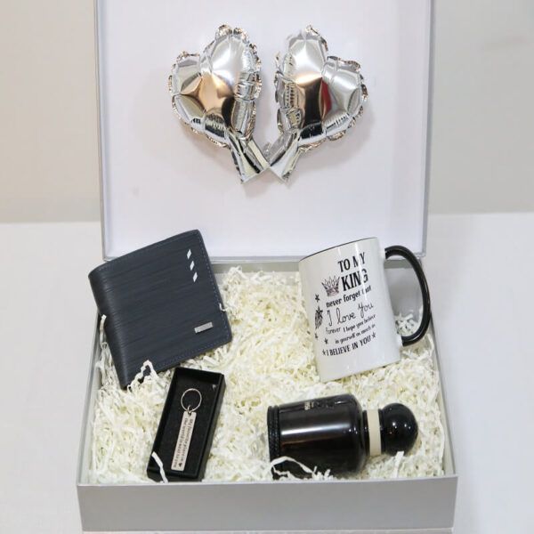 Grey gift box for men with black wallet, perfume, cup, and keychain